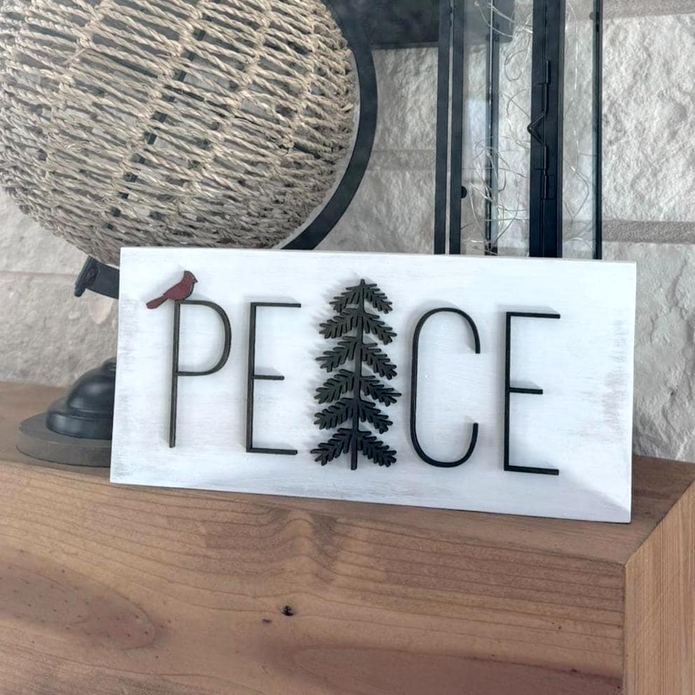 Handmade PEACE Wood Sign: Cardinal Accent, Evergreen Silhouette