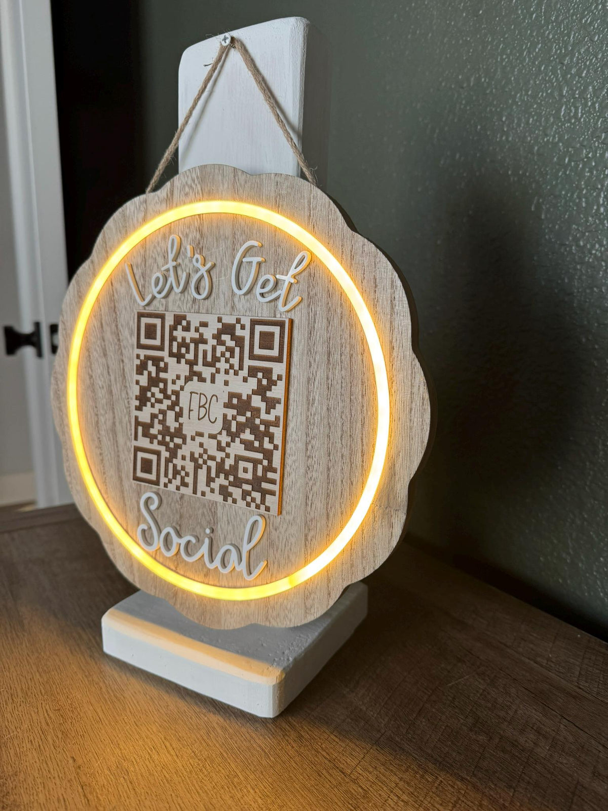 Let’s Get Social lighted QR Code Sign LED Wood Acrylic Scalloped Custom Business Sign