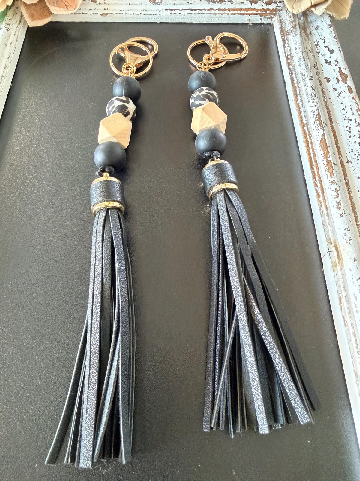 Boho Beaded Tassel Keychain | Black Wood Bag Charm