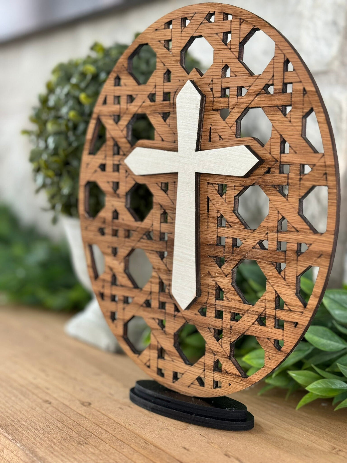 Handcrafted Cane Weave Cross, Remembrance Shelf Sitter