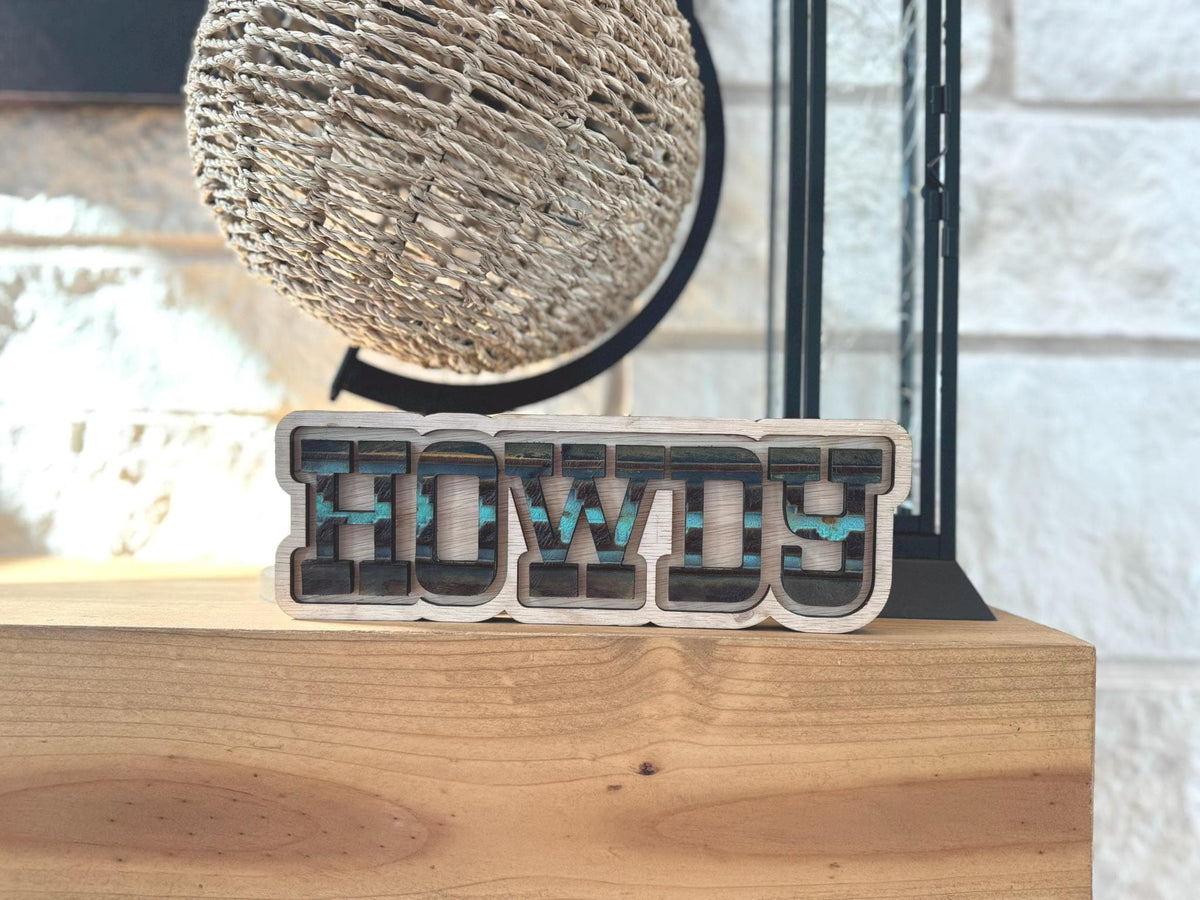 Howdy Wood Leather Sign Western Accent Home Decor Farmhouse Shelf Texas Gift Handmade Rustic Wood Boho Decor