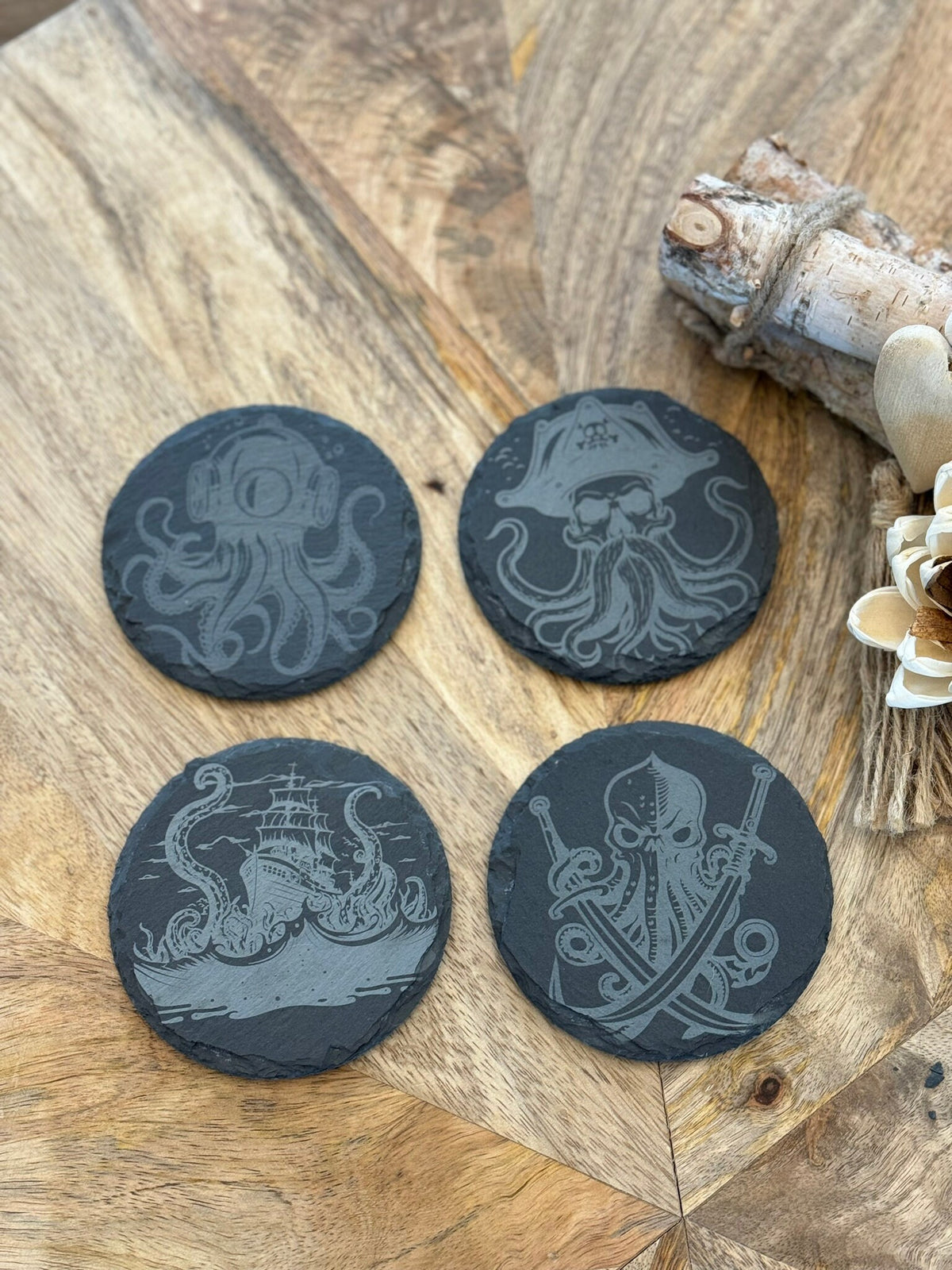 Slate Coasters Nautical Engraved Octopus Kraken Pirate Ship