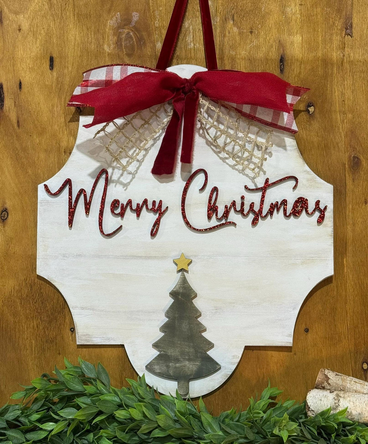 Merry Christmas Door Sign Rustic Wall Decor Farmhouse Sign Layered Wood Tree Holiday Decor