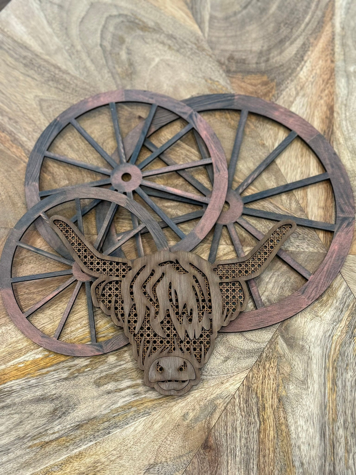 Layered Wood Highland Cow Wall Decor: Rattan-Inspired Boho Western Nursery Art