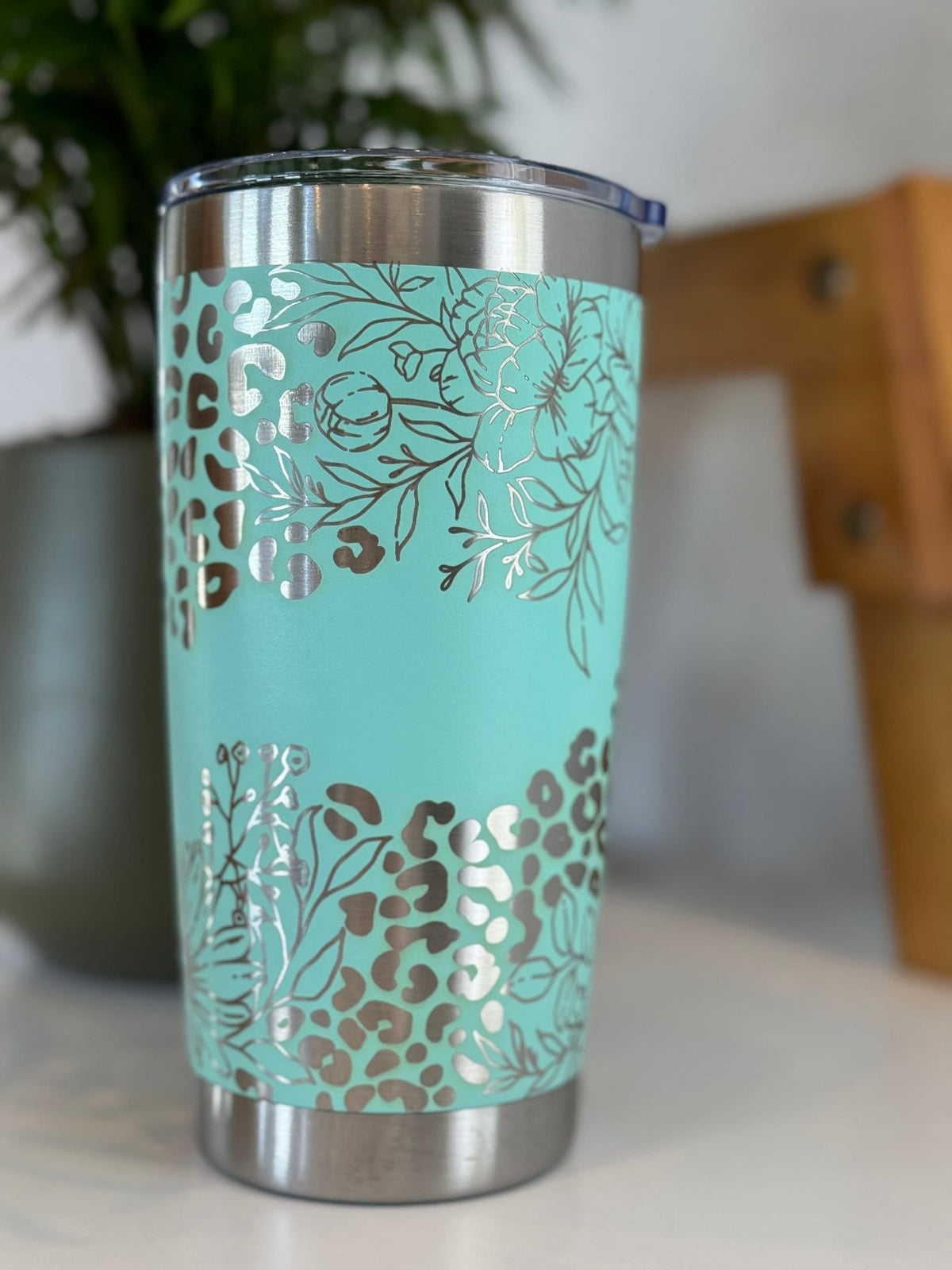 Tumbler Flower and Cheetah 20 oz Engraved Wrap Travel Mug Leopard Print Tumbler