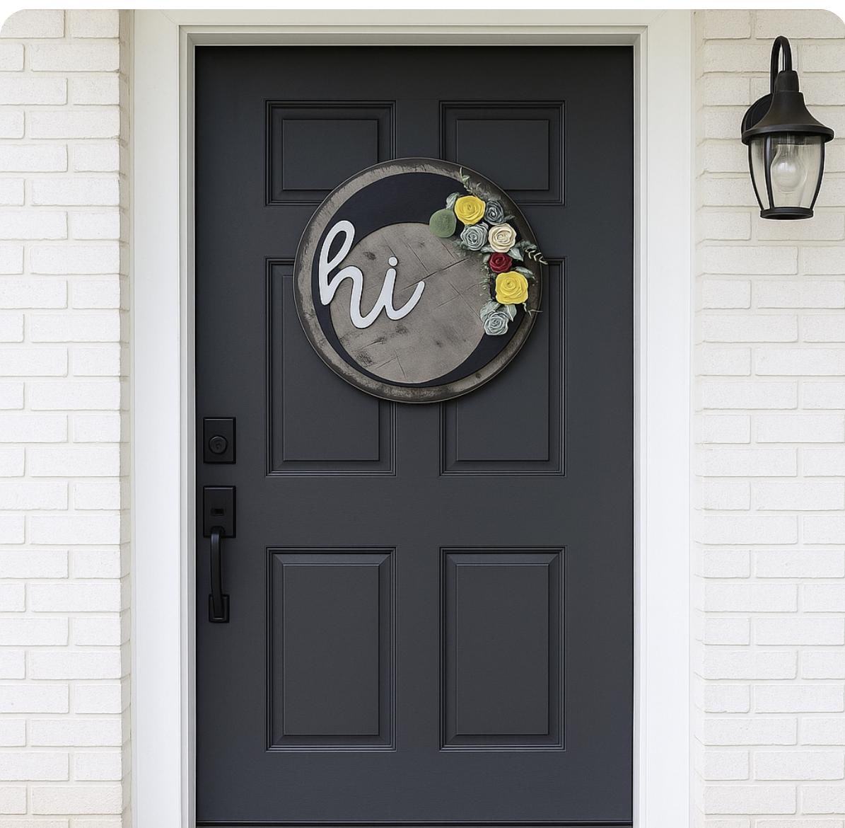 Round Wood Door Hanger with Flowers, Modern Farmhouse Front Door Sign