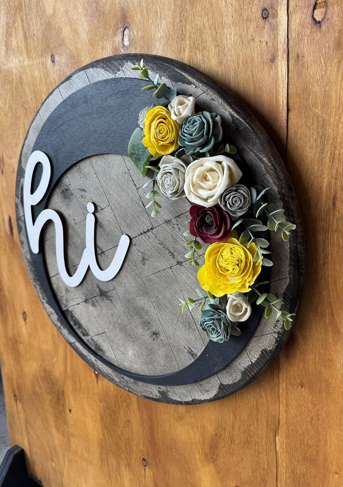 Round Wood Door Hanger with Flowers, Modern Farmhouse Front Door Sign