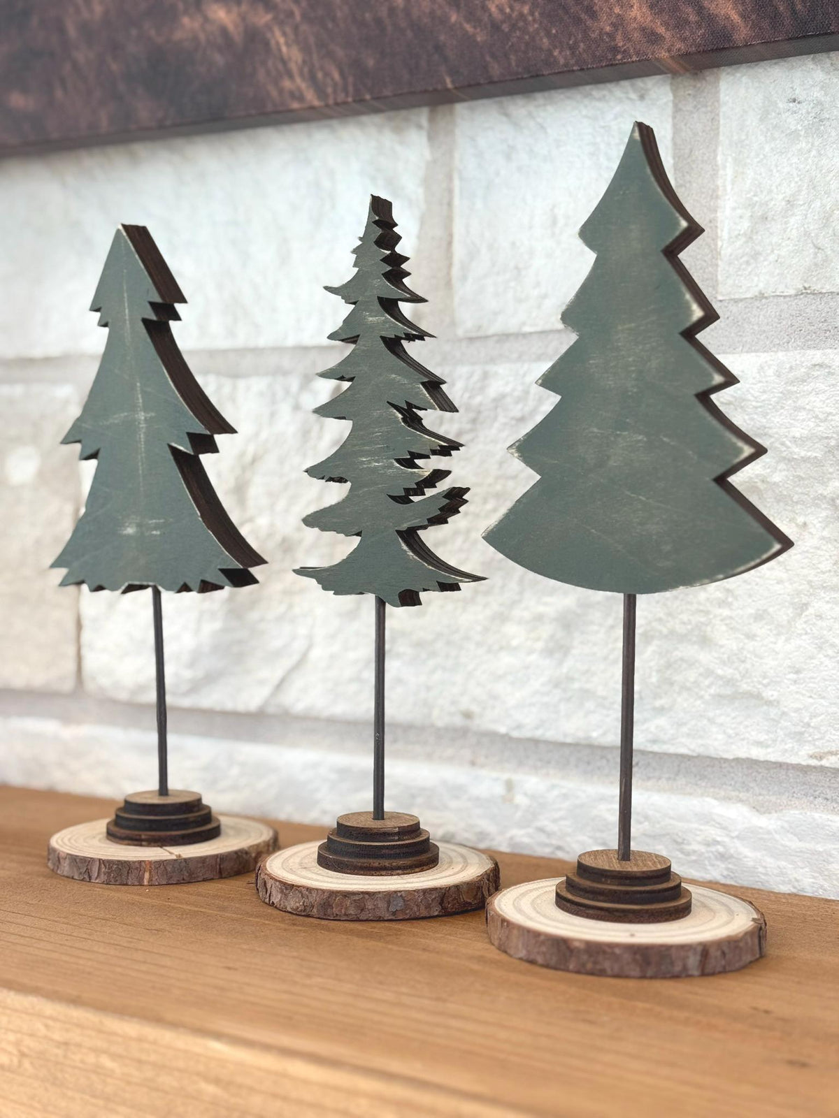 Rustic Wood Christmas Tree Set, Evergreen Holiday Mantel Decor